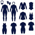 Different types of womenÃ¢â¬â¢s suits for swimming and diving